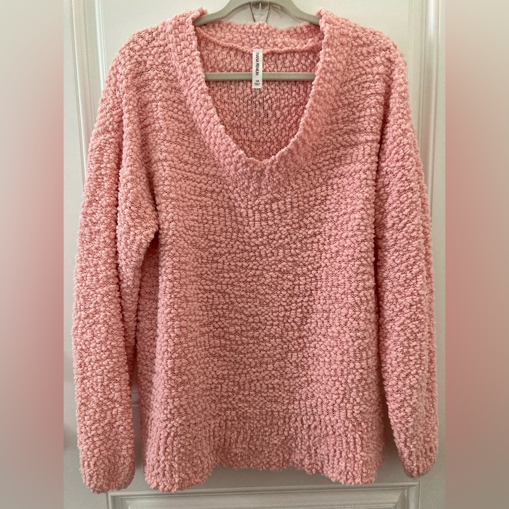 Zenana Nubby Knit Popcorn V-Neck Long Sleeve Light Pink Sweater Women’s Plus 1X